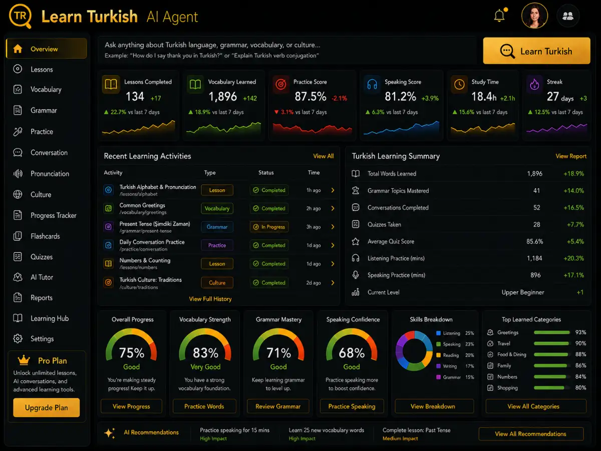 learnturkish.app AI Turkish tutor app — training dashboard preview